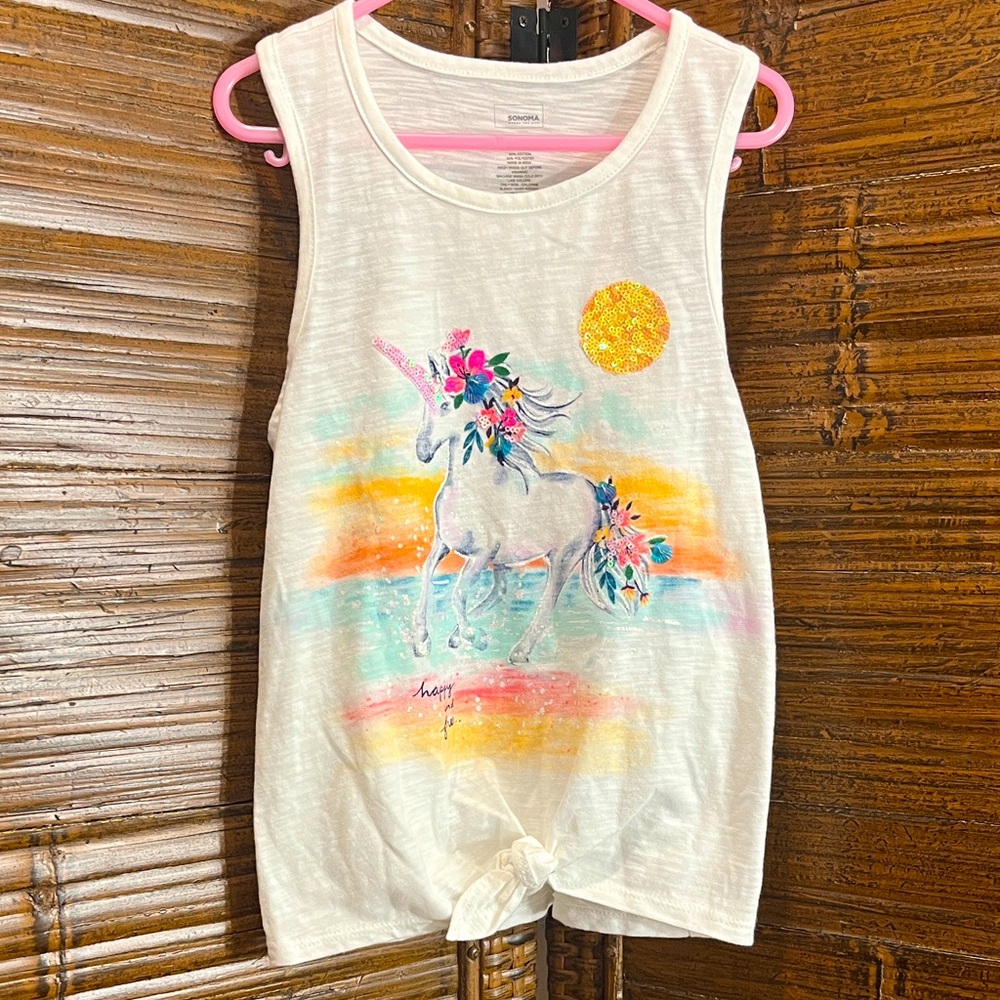 Sonoma White Unicorn Glitter and Sequin Tank Top with Colorful Design, Size 7